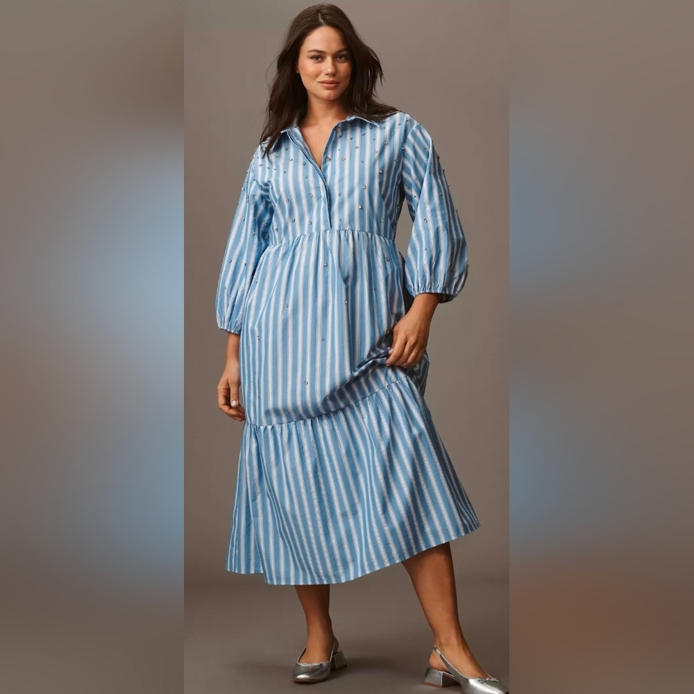 Anthropologie Maeve Bettina Embellished Striped Tiered Shirt Dress - Picture 3 of 7